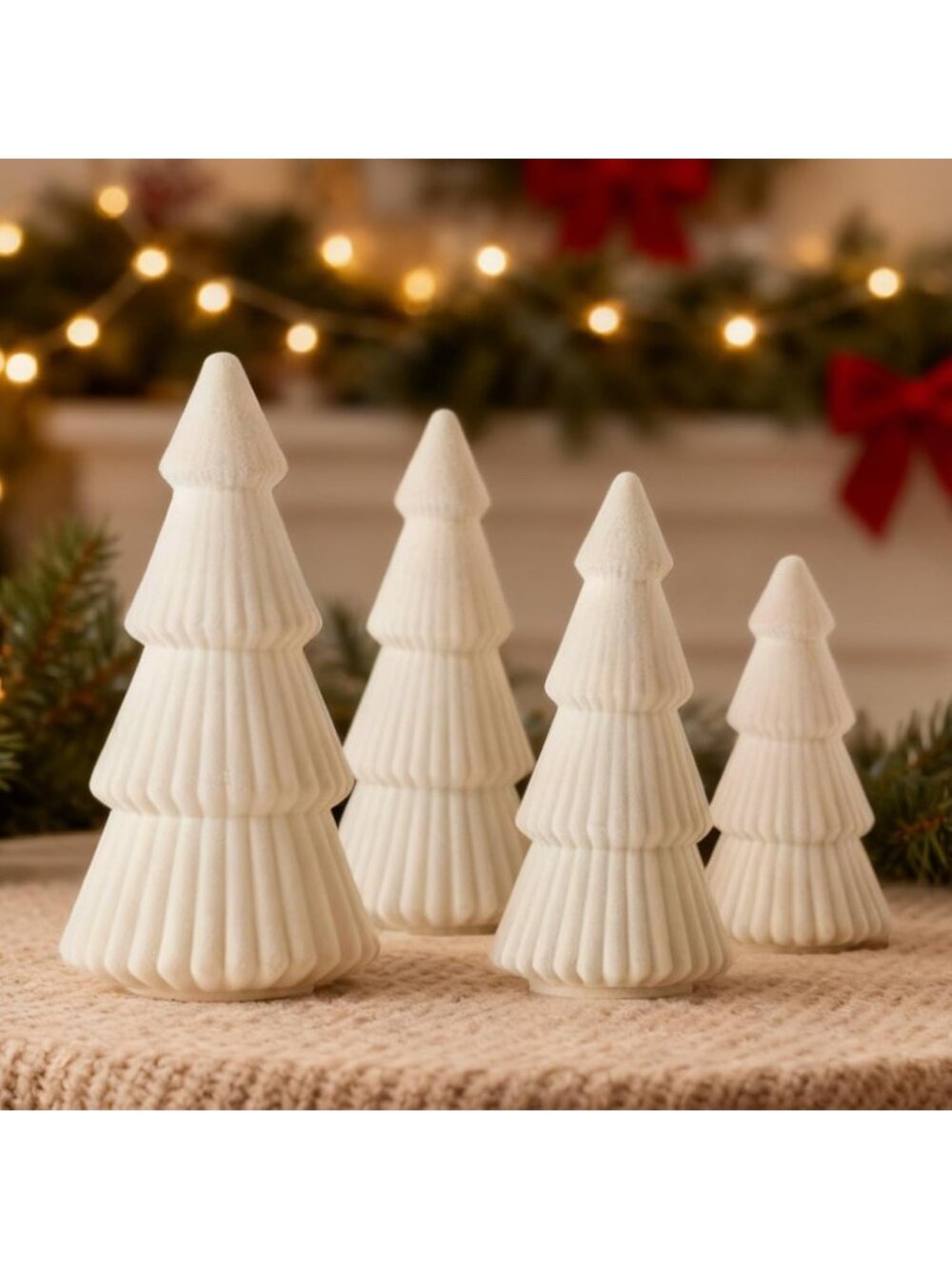 🎄4Pcs 6" 8" 10" Beige Christmas Velvet Tree Figurine Decoration Xmas Tree Set